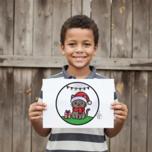 A smiling young boy holding up a finished coloring page featuring an adorable cartoon cat in a Santa hat, scarf, and festive lights, set against a wooden fence.