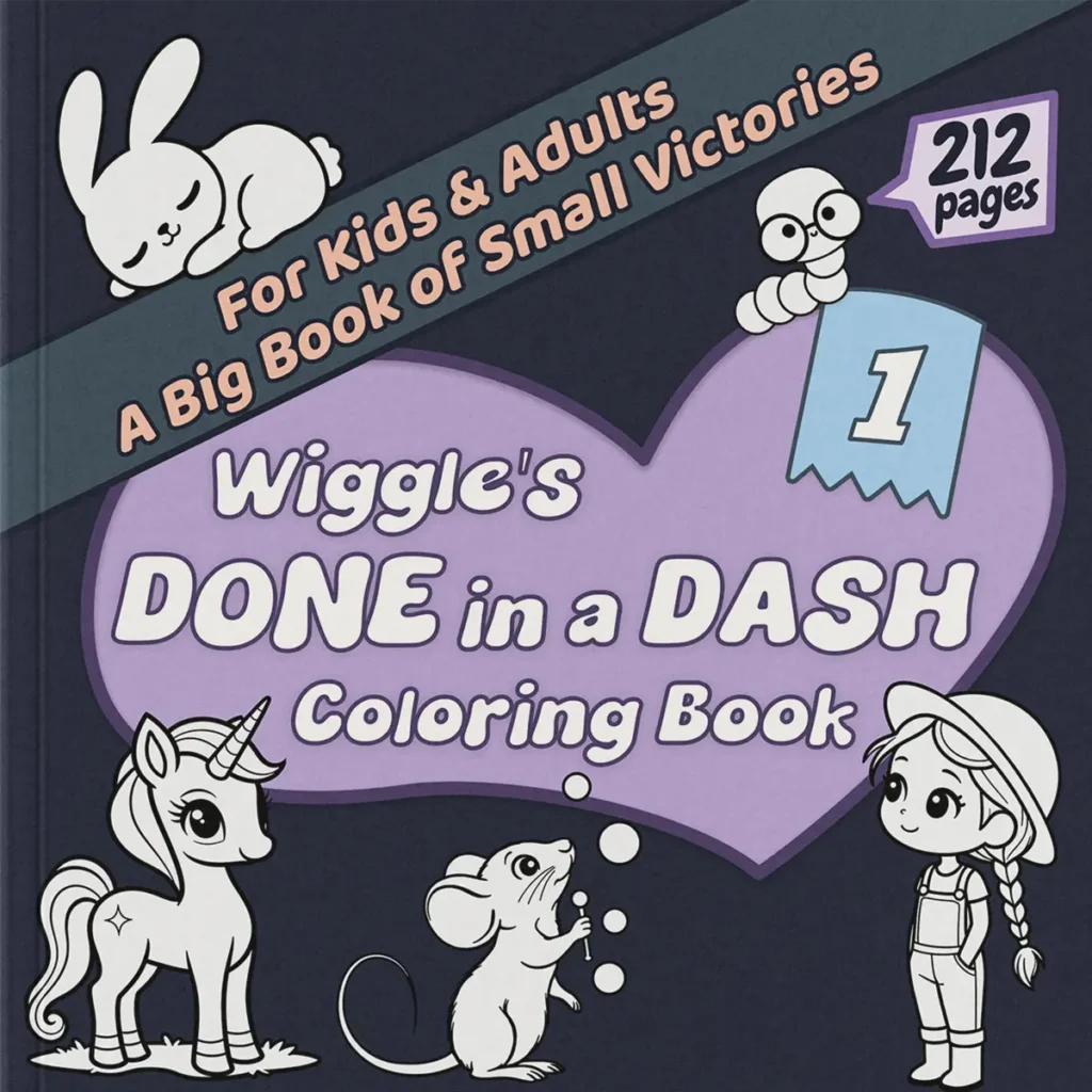 Wiggle's Done in a Dash Coloring Book Volume 1 cover featuring a cute unicorn, mouse, and girl - 212 pages of easy coloring for adults and kids.
