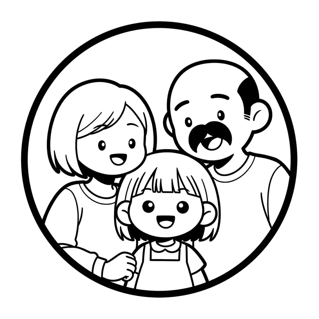Line art illustration of a cute, smiling family (two adults and one child) framed in a circle, representing the creators or target audience for an "About Us" page.