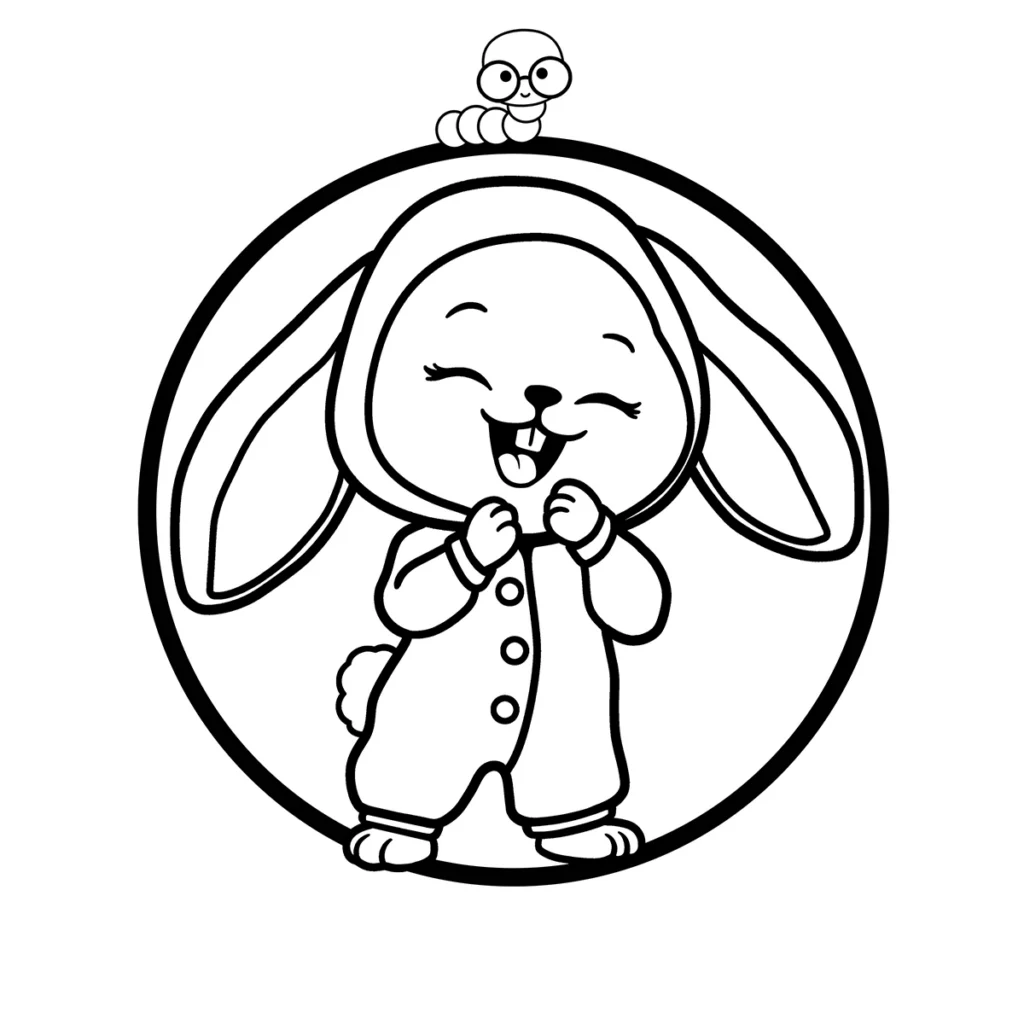 A cheerful cartoon baby wearing a full bunny rabbit onesie with long ears and a tail, expressing great happiness.