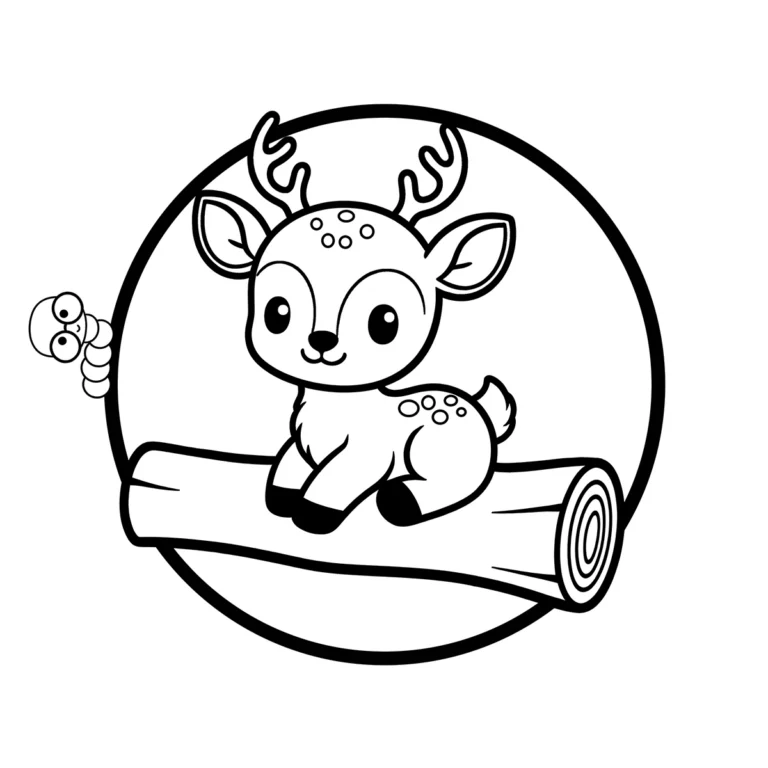 A cute fawn with small antlers sitting calmly on a wooden log, framed in a circle.