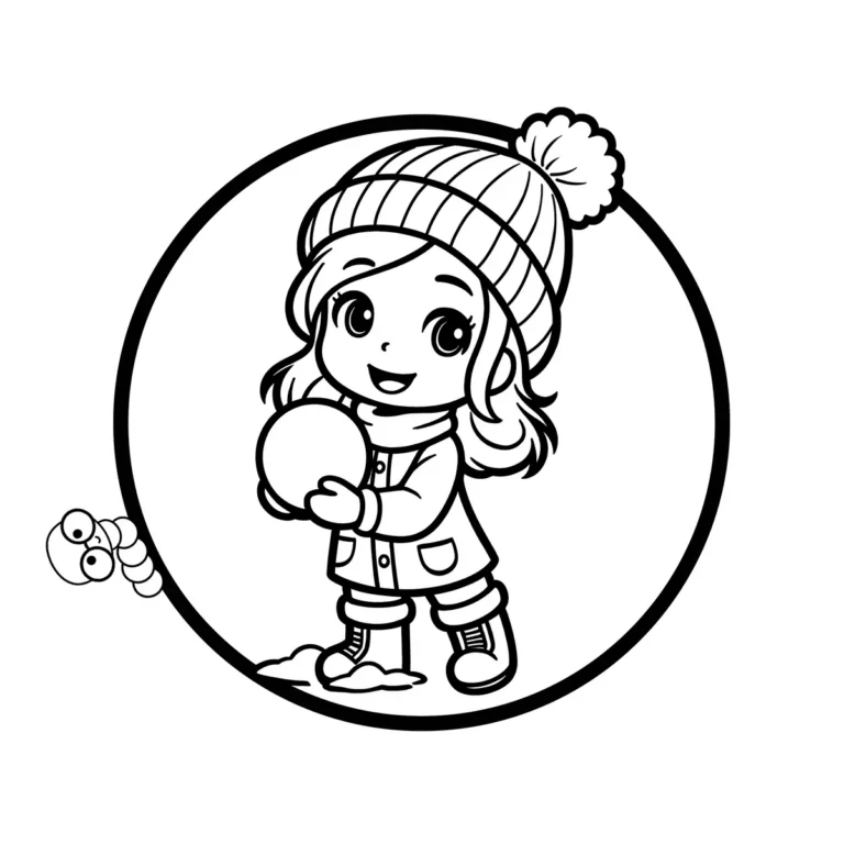 A cute cartoon girl in a warm pom-pom hat and scarf holding a snowball, dressed in winter attire.