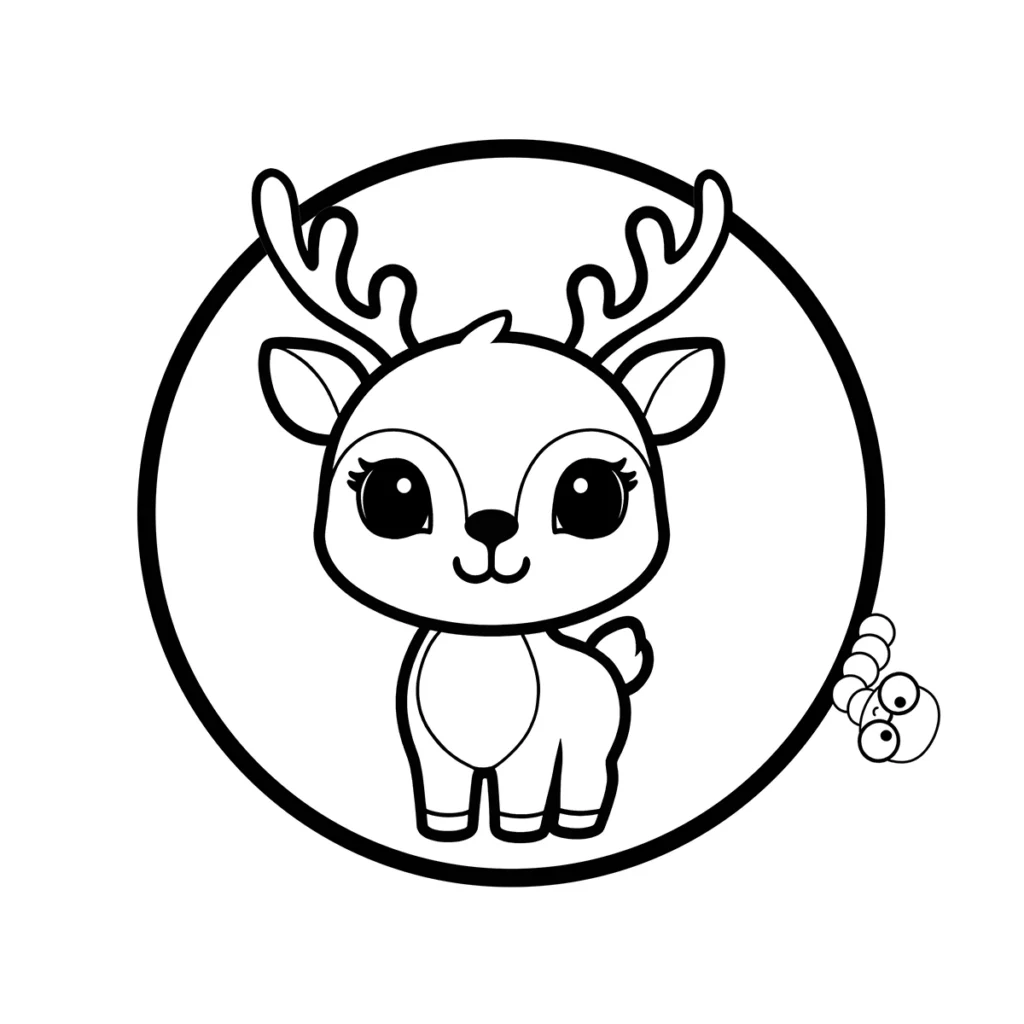 A black and white outline of a cute baby deer or fawn with small antlers standing inside a circular frame, perfect for kids coloring.