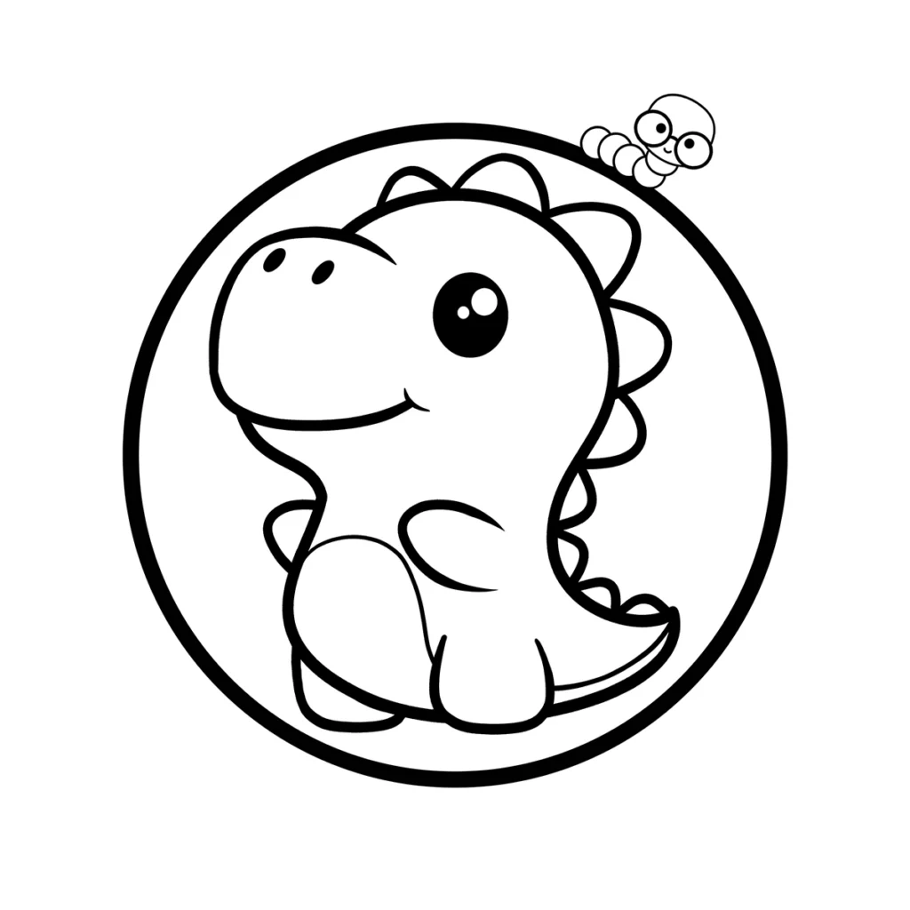 A black and white line drawing of a chubby baby dinosaur standing and smiling inside a circle.