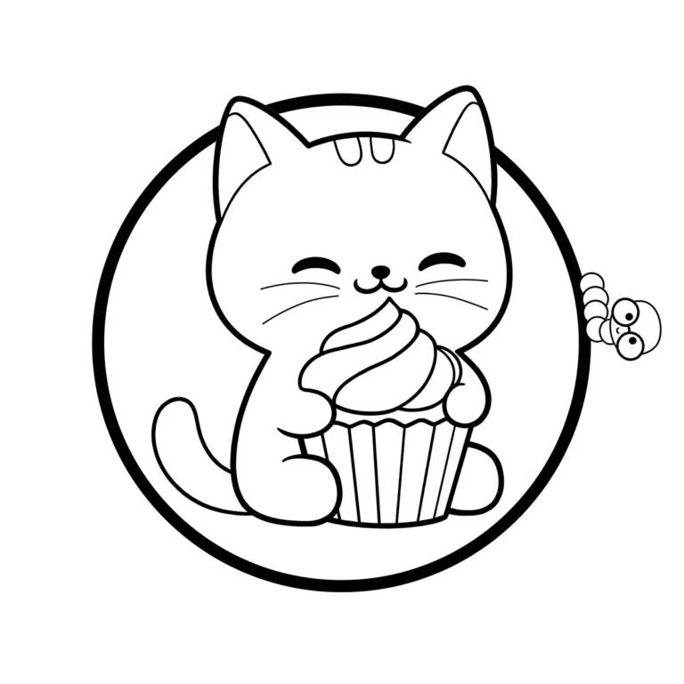 A printable drawing of a kawaii kitten holding a large frosted cupcake with both paws, looking happy.