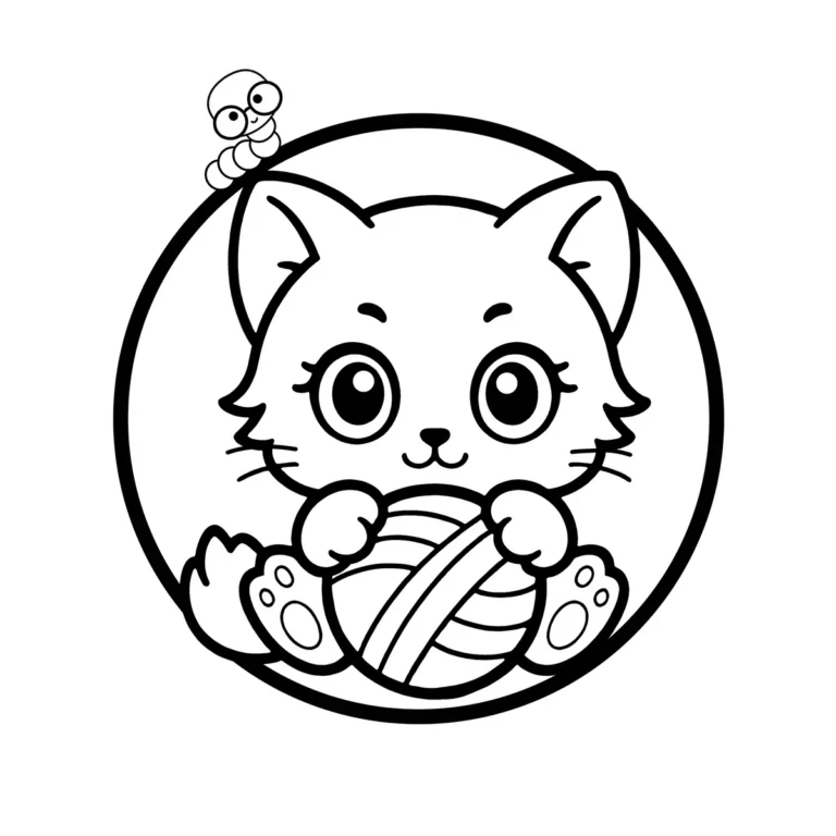 A cute cartoon kitten holding a large ball of yarn, looking up playfully with big eyes.