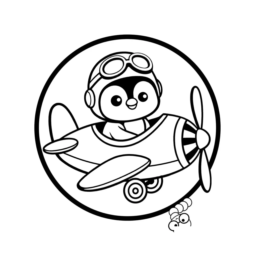 A cute cartoon penguin wearing a pilot hat and goggles, flying a propeller airplane