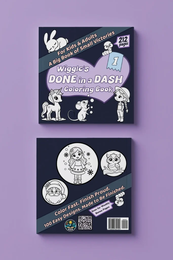 Front and back mockup of the ‘Done in a Dash’ kids coloring book showing easy, cute illustrations including a unicorn, girl, owl, mouse, and holiday characters, displayed on a purple background.