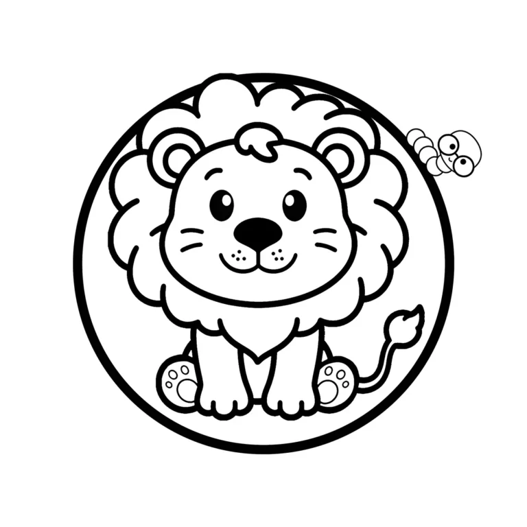 Cute baby lion sitting inside a circle coloring page, free printable outline with thick lines for toddlers.