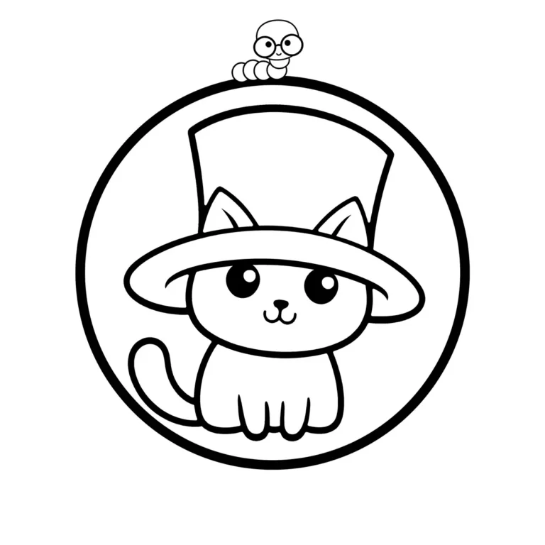 Free printable cute kitten wearing a large magician top hat coloring page, simple outline design with a little worm mascot.