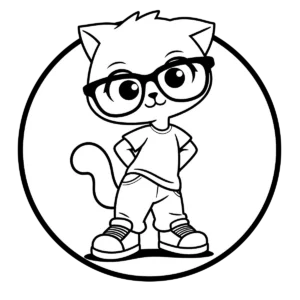 Free printable cute cat wearing large black glasses, shirt, and shorts, standing with hands on hips, simple kawaii design.