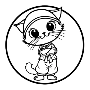 Free printable cute cat dressed in a martial arts or ninja uniform with arms crossed, simple outline design.