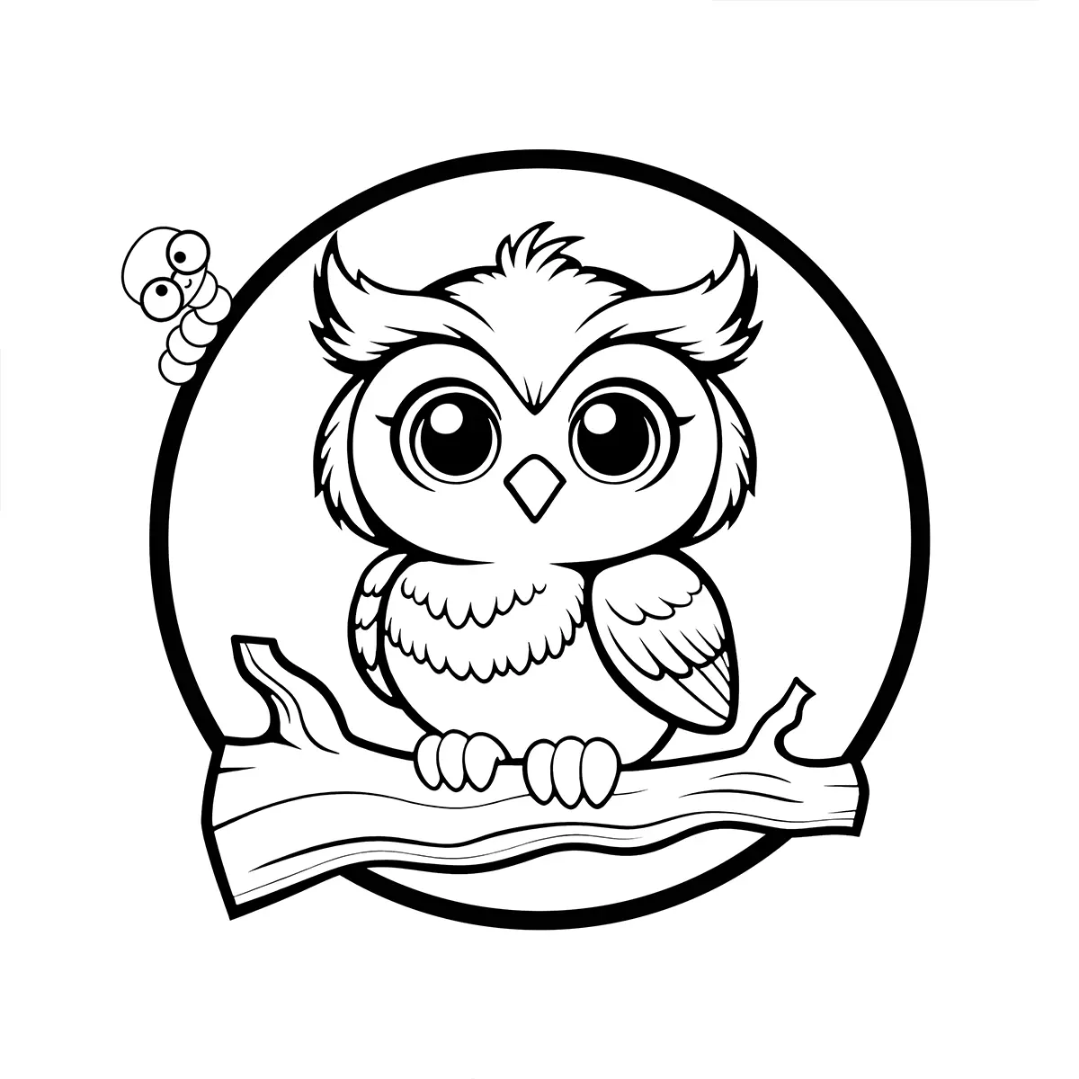 Free printable coloring page of a cute baby owl sitting on a branch inside a circle with a small worm, simple thick lines for kids.