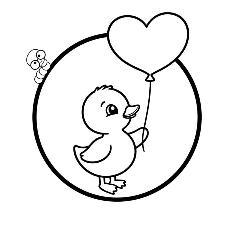 Cute duckling holding a heart-shaped balloon coloring page, simple circle design free printable.