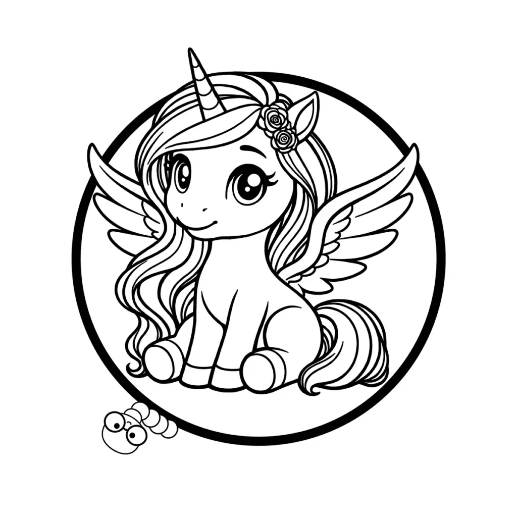 Free printable cute flying unicorn or pegasus coloring page with wings and flowers in its hair, simple kawaii design for kids and adults.