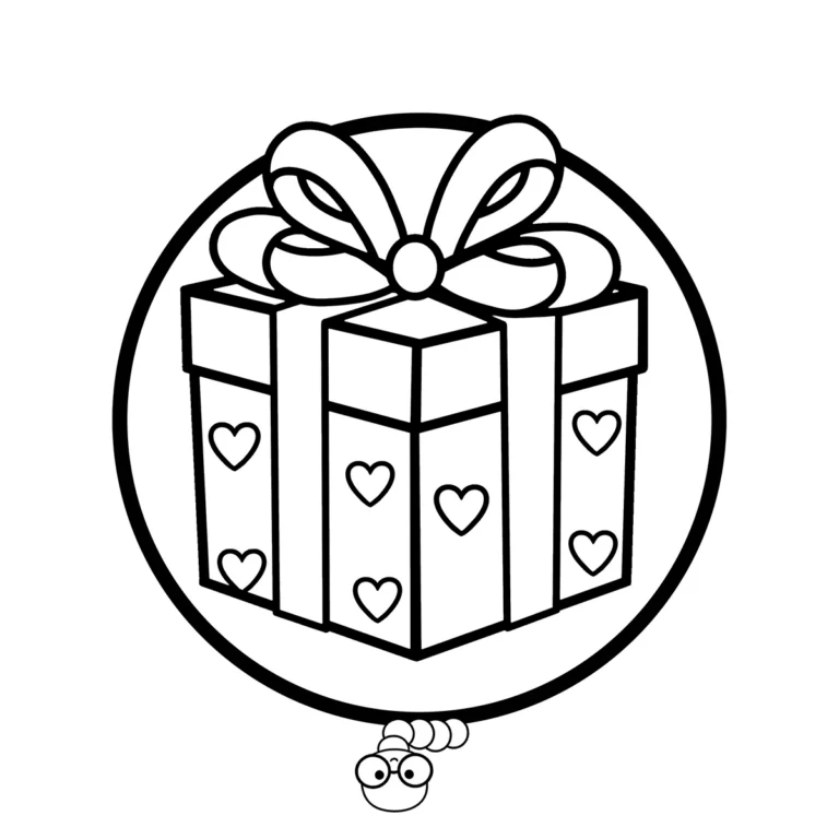 A large present or gift box decorated with heart shapes and a big ribbon bow, framed in a circle.