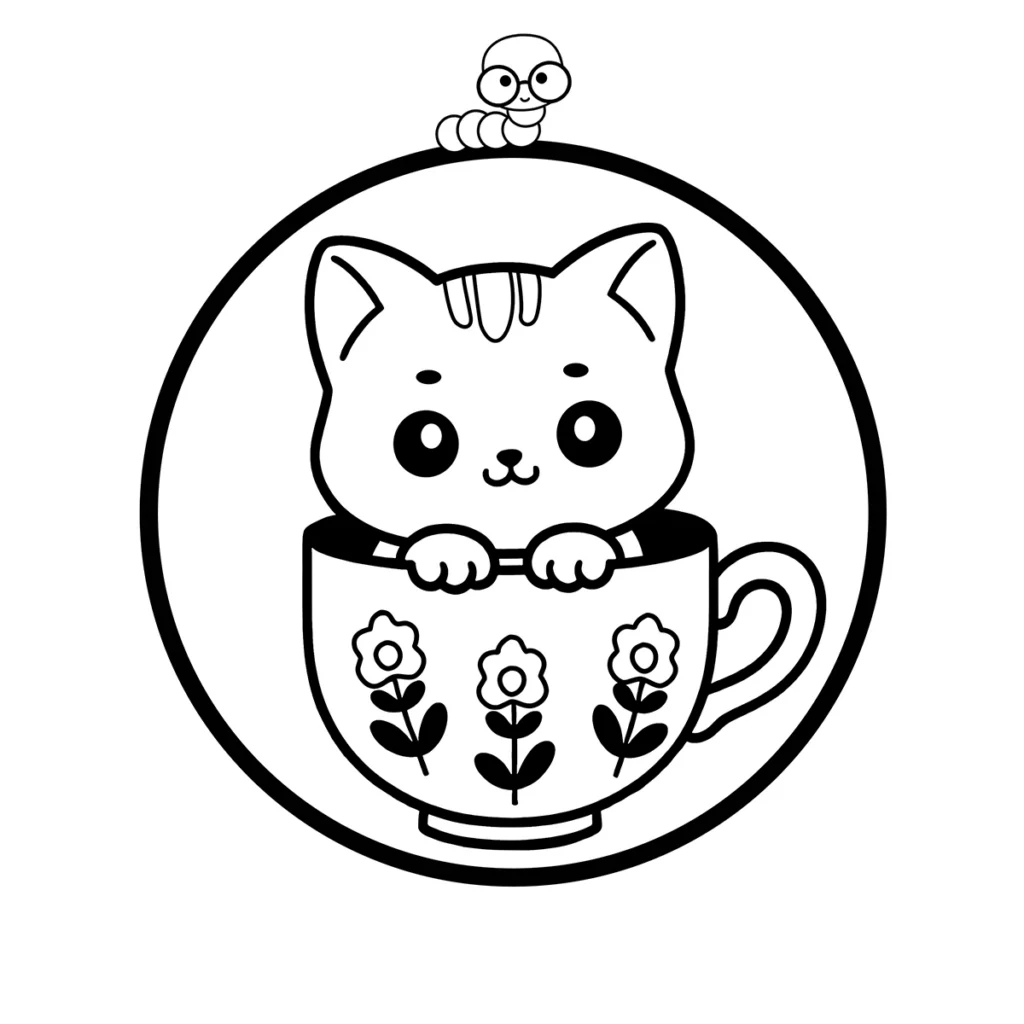 An adorable kitten peeking out happily from a decorated teacup with flowers on it.