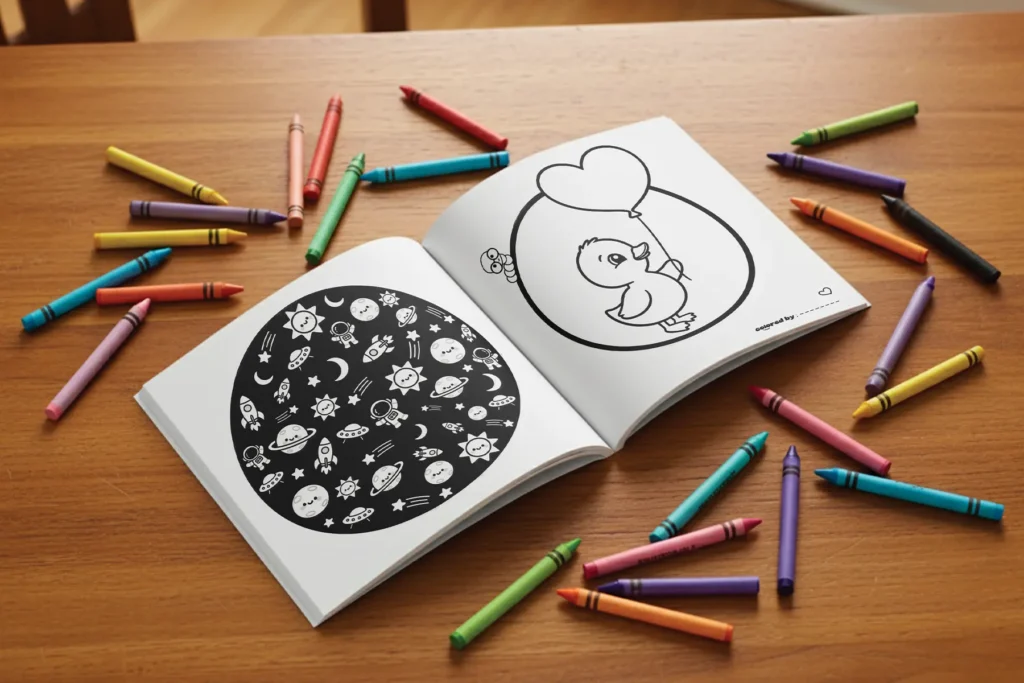 Open coloring book mockup showing a space pattern coloring page and a cute duck with a heart balloon page, surrounded by colorful crayons on a wooden desk.