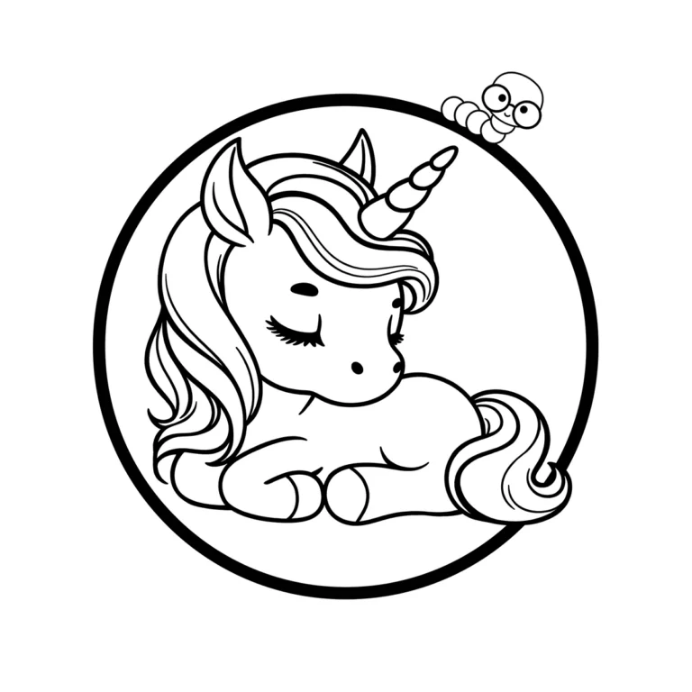 A beautiful unicorn lying down with its eyes closed, resting peacefully inside a circular frame.